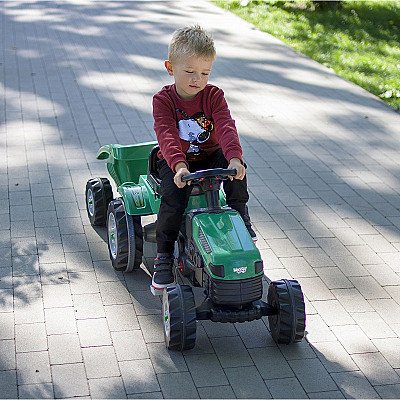 Woopie roheline pedaaltraktor Farmer Gotrac Maxi koos haagise vaiksete ratastega