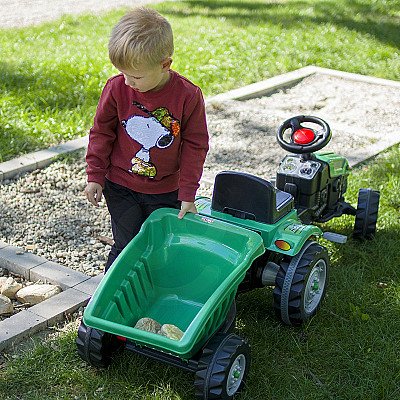 Woopie roheline pedaaltraktor Farmer Gotrac Maxi koos haagise vaiksete ratastega